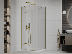 Mexen Roma Duschkabine schwenkbar 90 x 90 cm, transparent, Gold + Flat Duschwanne - 854-090-090-50-00-4010