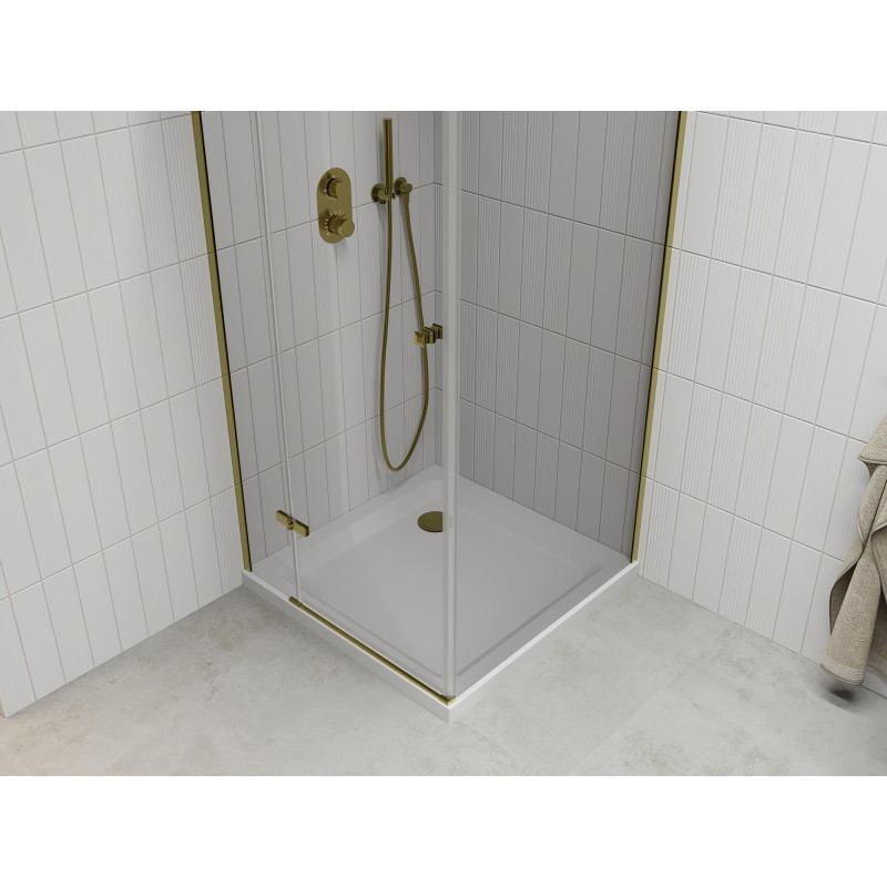 Mexen Roma Duschkabine schwenkbar 90 x 90 cm, transparent, Gold + Flat Duschwanne - 854-090-090-50-00-4010