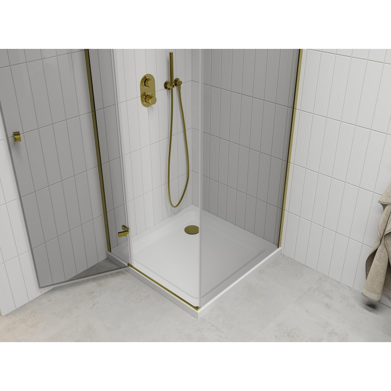 Mexen Roma Schwenkbare Duschkabine 100 x 100 cm, transparent, gold + Flat Duschwanne - 854-100-100-50-00-4010