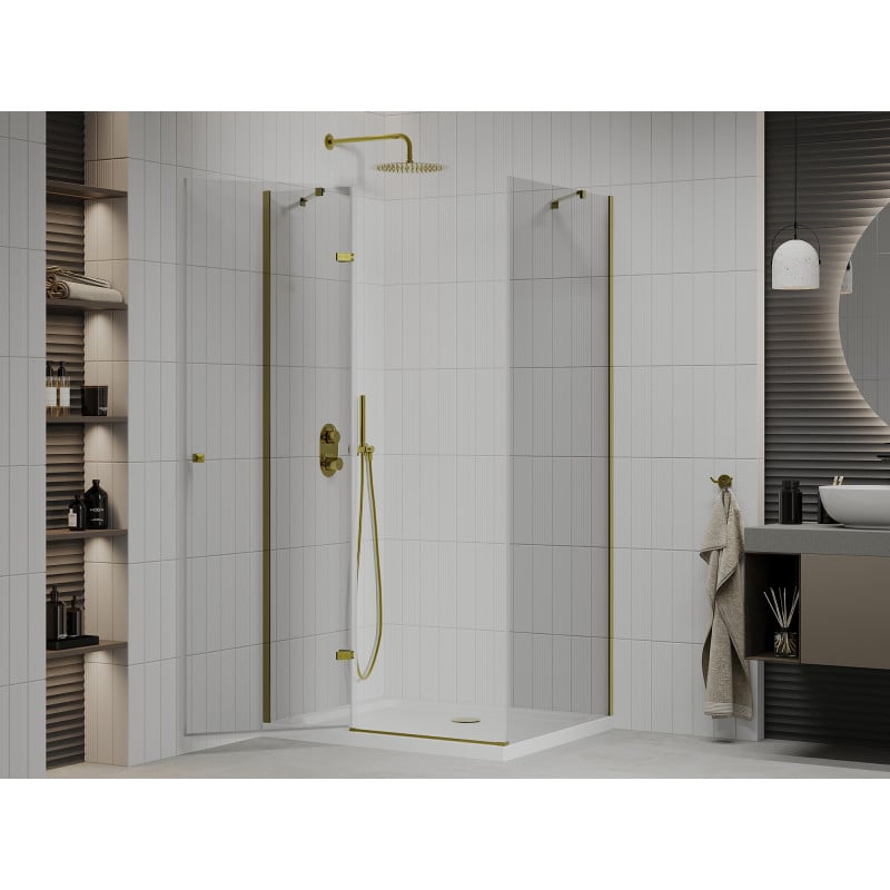 Mexen Roma Duschkabine schwenkbar 70 x 100 cm, transparent, gold + Duschwanne Flat - 854-070-100-50-00-4010