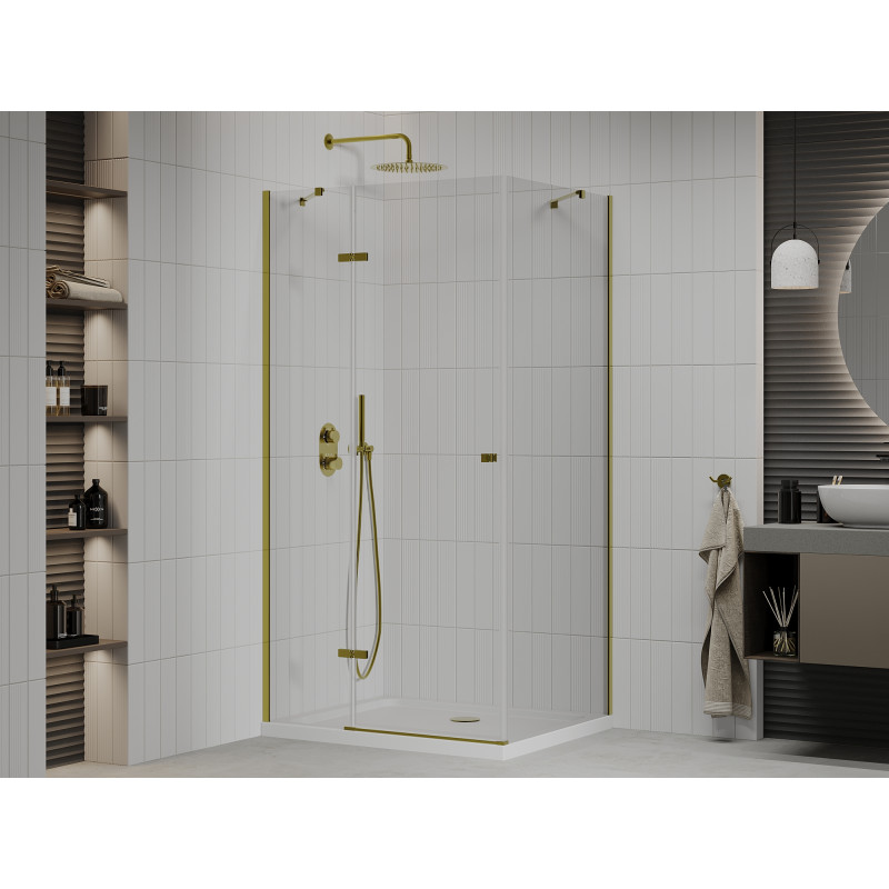 Mexen Roma Duschkabine Schwenkbar 80 x 70 cm, Transparent, Gold + Duschwanne Flat - 854-080-070-50-00-4010