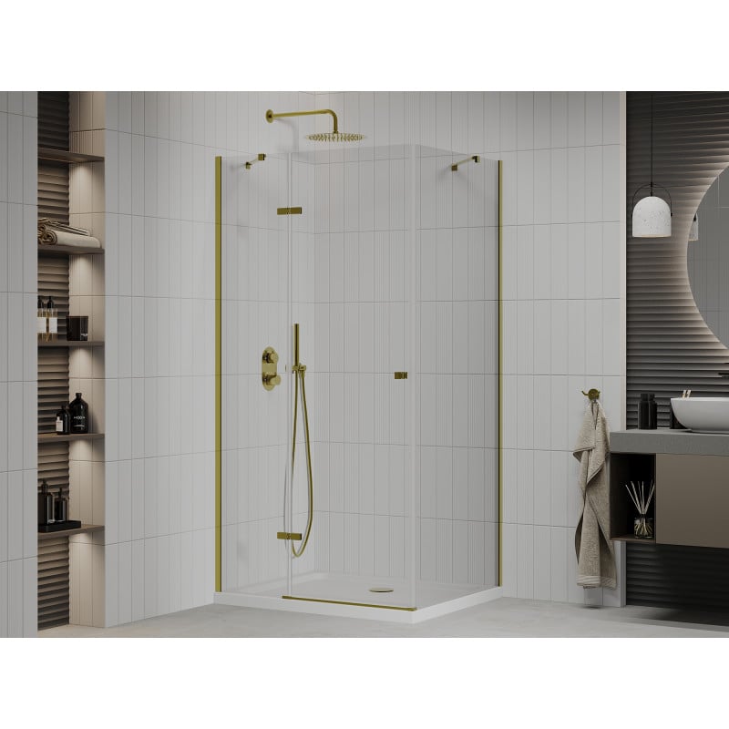Mexen Roma Duschkabine schwenkbar 110 x 70 cm, transparent, Gold + Duschwanne Flat - 854-110-070-50-00-4010
