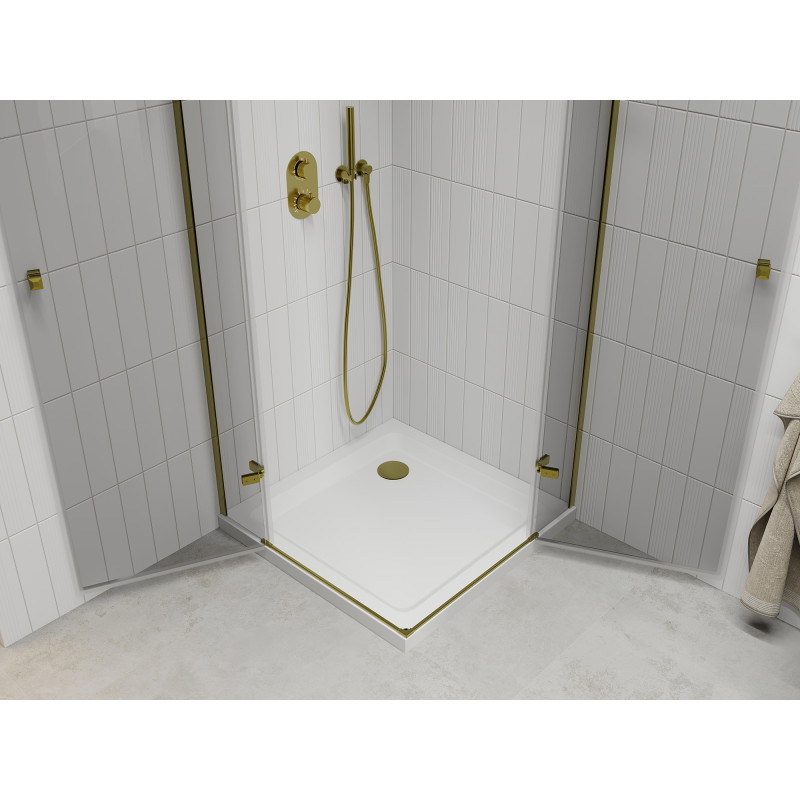 Mexen Roma Duo-Duschkabine klappbar 70 x 70 cm, transparent, gold + Duschwanne Flat - 854-070-070-50-02-4010G