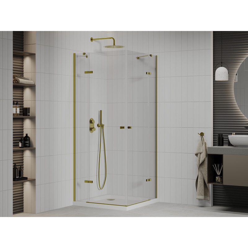Mexen Roma Duo Duschkabine Schwenktür 80 x 80 cm, transparent, gold + Flat Duschbecken - 854-080-080-50-02-4010G