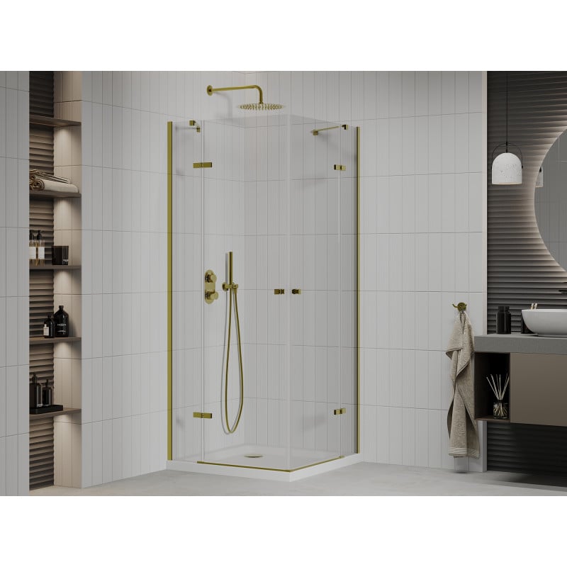 Mexen Roma Duo Duschkabine mit schwenkbarer Tür 90 x 90 cm, transparent, gold + Flat Duschwanne - 854-090-090-50-02-4010G