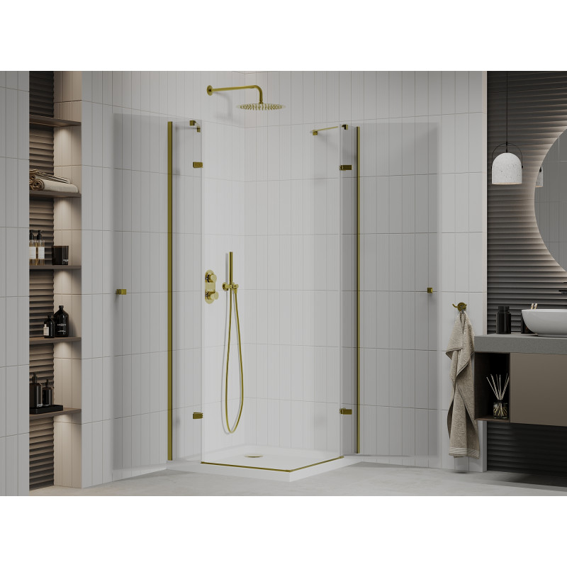 Mexen Roma Duo Duschkabine mit Schwingtür 100 x 100 cm, transparent, gold + Flat Duschwanne - 854-100-100-50-02-4010G