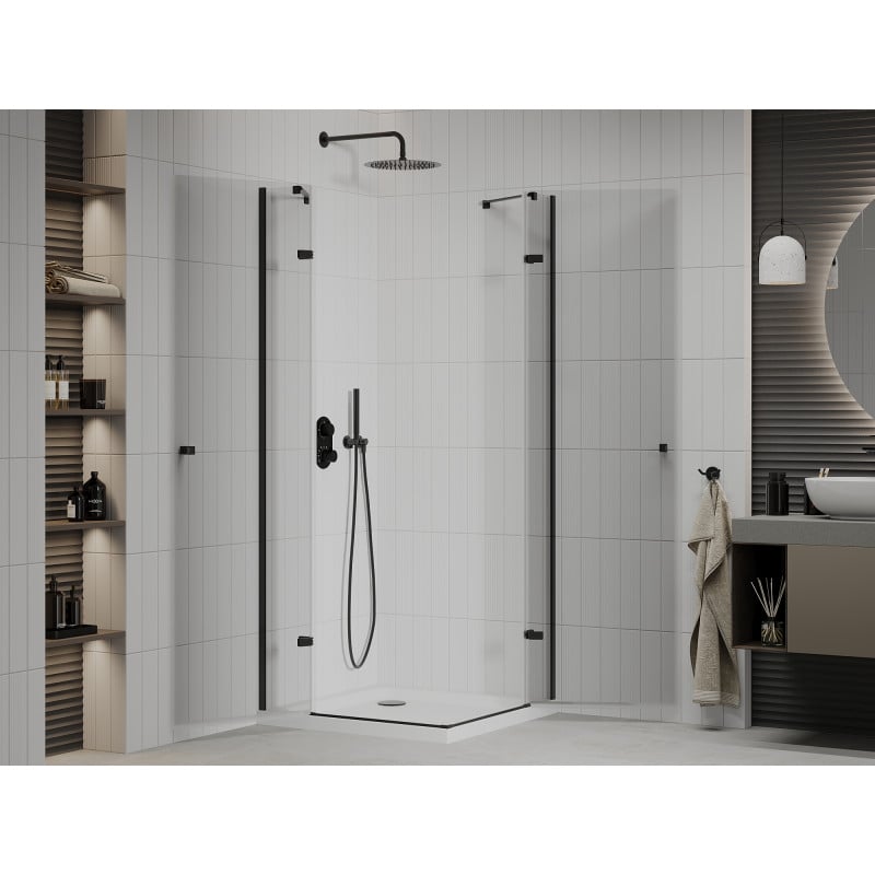 Mexen Roma Duo Schwingdusche 90 x 90 cm, transparent, schwarz + Flat Duschwanne - 854-090-090-70-02-4010B