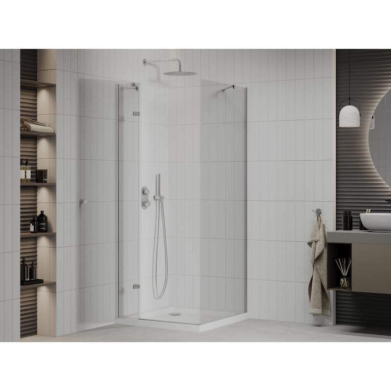Mexen Roma Duschkabine schwenkbar 90 x 90 cm, transparent, Chrom + Duschwanne Flat - 854-090-090-01-00-4010