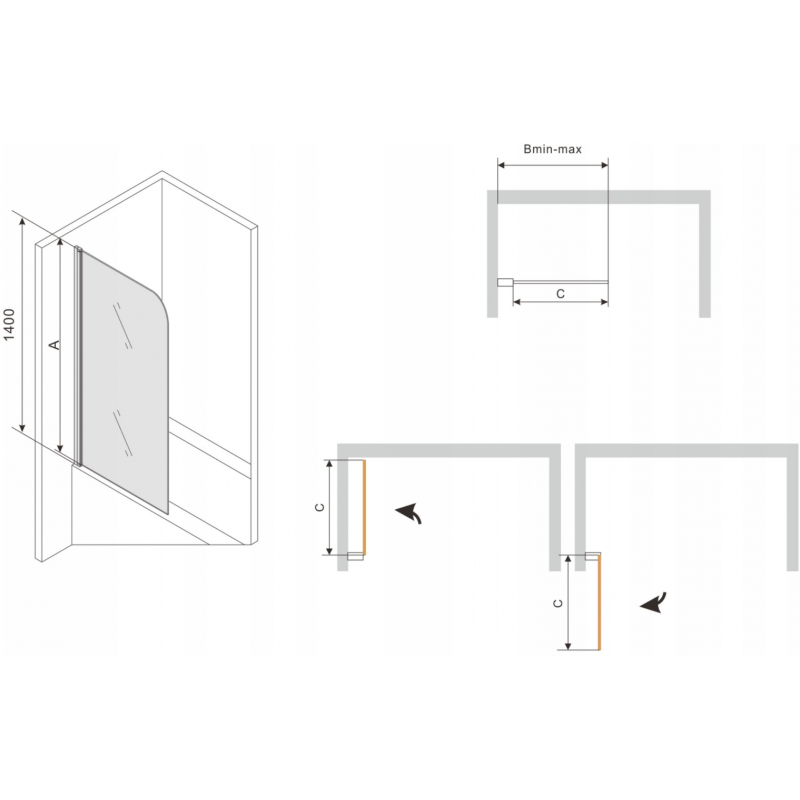 Mexen Vega Rechteckige Badewanne 170 x 70 cm mit Verkleidung und 1-flügeliger Duschwand 80 cm, schwarzes Fixmuster
