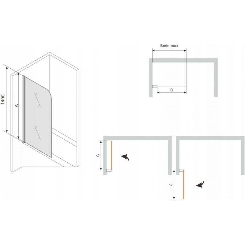 Mexen Vega Rechteckige Badewanne 170 x 70 cm mit Verkleidung und 1-flügeliger Sichtschutz 70 cm, schwarzes Muster