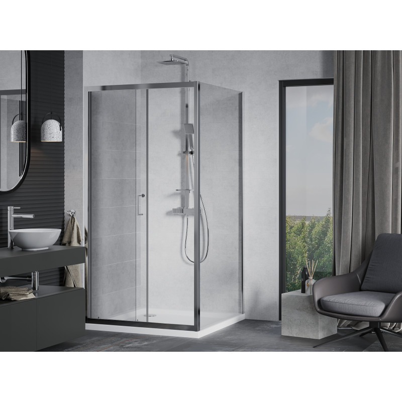 Mexen Apia Schiebeduschkabine 100 x 100 cm, transparent, chrom + Duschwanne Flat - 840-100-100-01-00-4010
