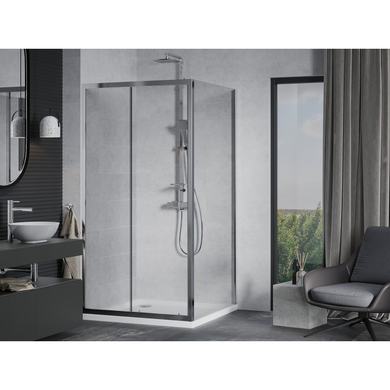Mexen Apia Schiebeduschkabine 100 x 100 cm, transparent, chrom + Duschwanne Flat - 840-100-100-01-00-4010