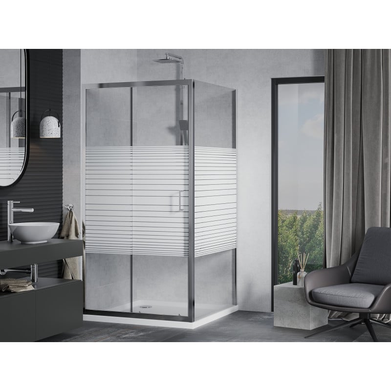 Mexen Apia Schiebeduschkabine 90 x 90 cm, weiße Streifen, Chrom + Flat Duschwanne - 840-090-090-01-20-4010