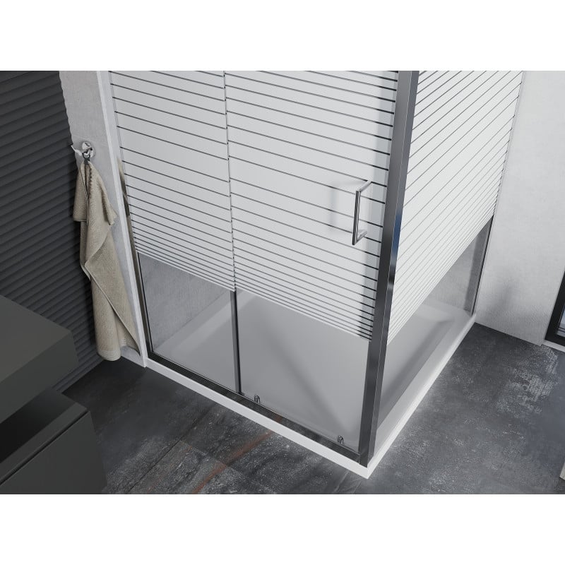 Mexen Apia Schiebetür-Duschkabine 100 x 100 cm, weiße Streifen, Chrom + flache Duschwanne - 840-100-100-01-20-4010