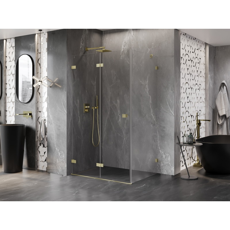 Mexen Lunar-F klappbare Duschkabine links 90 x 80 cm, transparent, gebürstetes Gold - 836-090-080-55-00-L