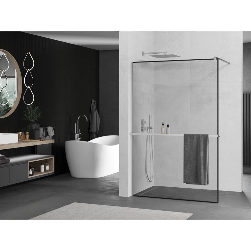 Mexen Kioto+ Duschwand mit Regal Walk-in 100 x 200 cm, schwarzer Rahmen, Chrom - 800-100-121-01-70