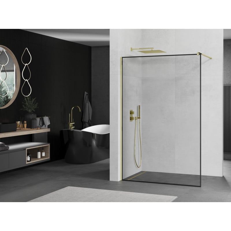 Mexen Kioto Duschwand Walk-in 90 x 200 cm, schwarzer Rahmen 8 mm, gold - 800-090-101-50-70