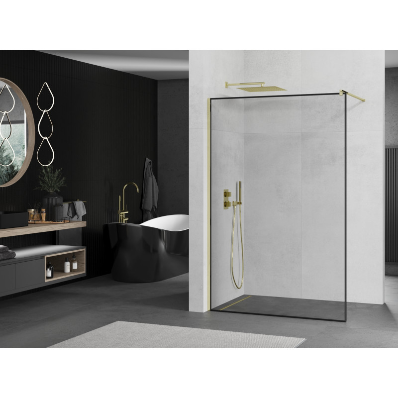Mexen Kioto Duschwand Walk-in 100 x 200 cm, schwarzer Rahmen 8 mm, gold - 800-100-101-50-70