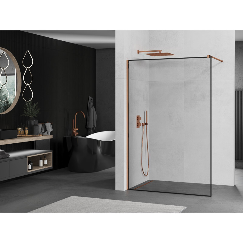 Mexen Kioto Duschabtrennung Walk-in 90 x 200 cm, schwarzer Rahmen 8 mm, roségold - 800-090-101-60-70