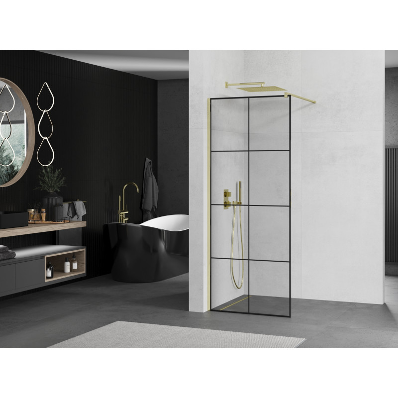 Mexen Kioto Duschwand Walk-in 90 x 200 cm, schwarzes Gitter 8 mm, gold - 800-090-101-50-77