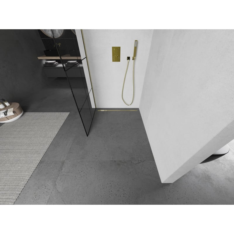 Mexen Kioto Duschwand Walk-in 90 x 200 cm, schwarzes Gitter 8 mm, gold - 800-090-101-50-77