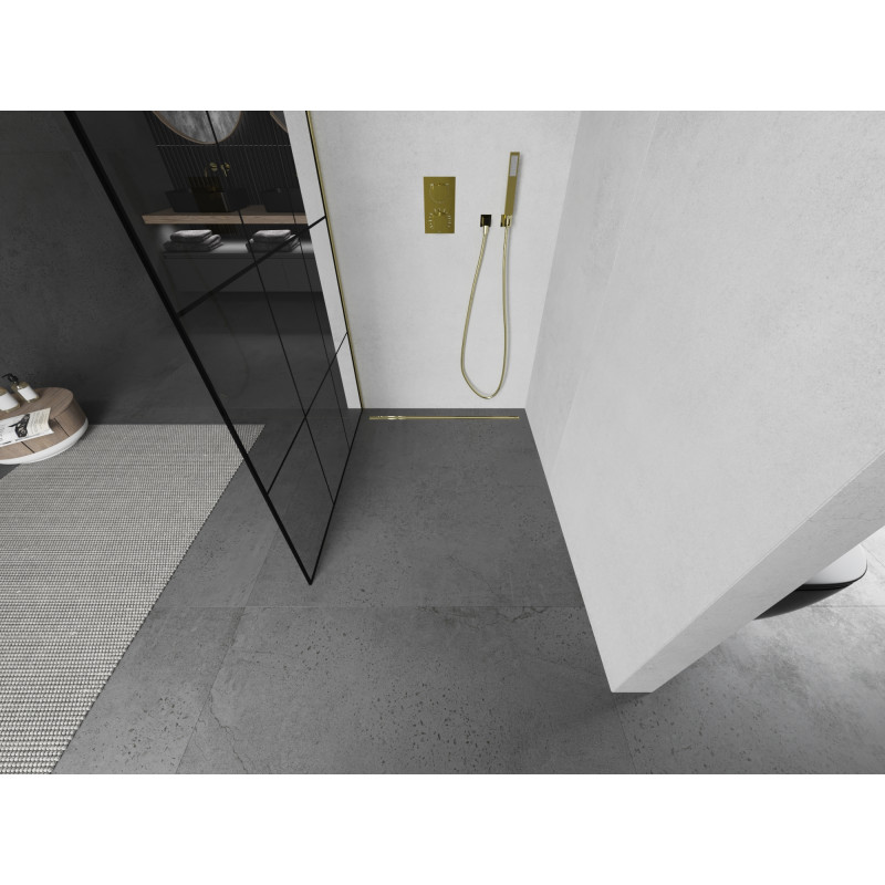 Mexen Kioto Duschwand Walk-in 120 x 200 cm, schwarzes Gitter 8 mm, gold - 800-120-101-50-77