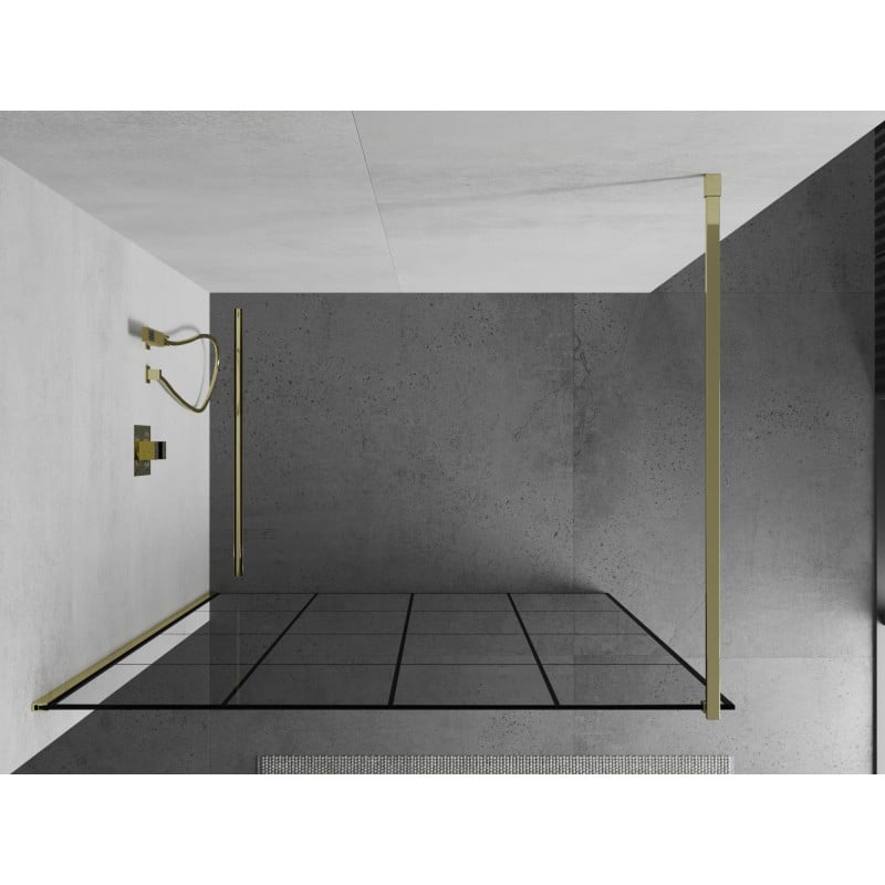 Mexen Kioto Duschwand Walk-in 130 x 200 cm, schwarzes Gitter 8 mm, gold - 800-130-101-50-77