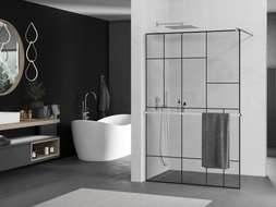 Mexen Kioto+ Duschwand mit Ablage Walk-in 110 x 200 cm, schwarzes Muster, Chrom - 800-110-121-01-78