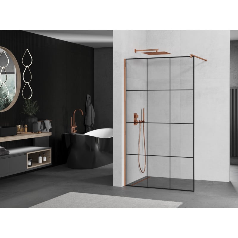 Mexen Kioto Duschwand Walk-in 100 x 200 cm, schwarzes Gitter 8 mm, Roségold - 800-100-101-60-77