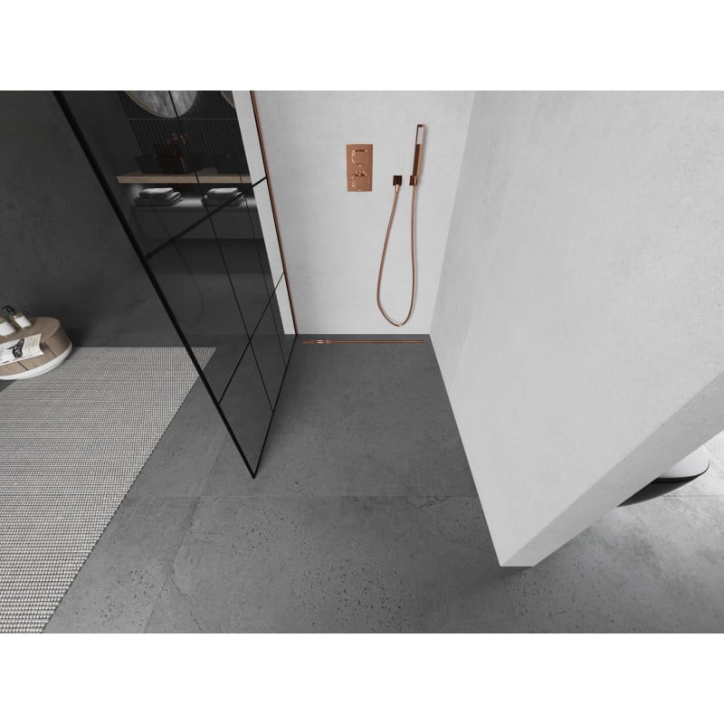 Mexen Kioto Duschwand Walk-in 110 x 200 cm, schwarzes Gitter 8 mm, Roségold - 800-110-101-60-77