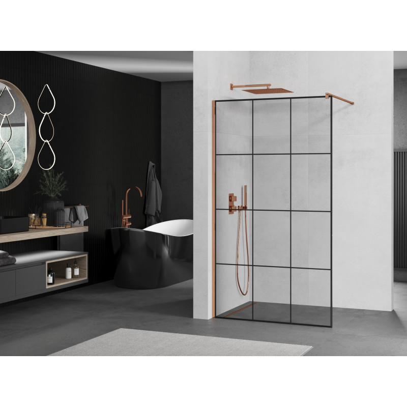 Mexen Kioto Duschwand Walk-in 120 x 200 cm, schwarzes Gitter 8 mm, Roségold - 800-120-101-60-77