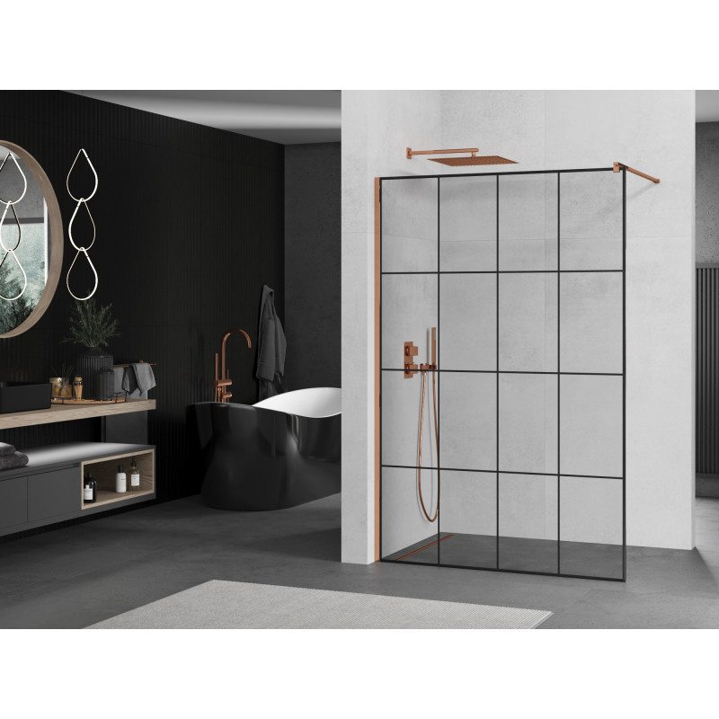Mexen Kioto Duschwand Walk-in 140 x 200 cm, schwarzes Gitter 8 mm, Roségold - 800-140-101-60-77