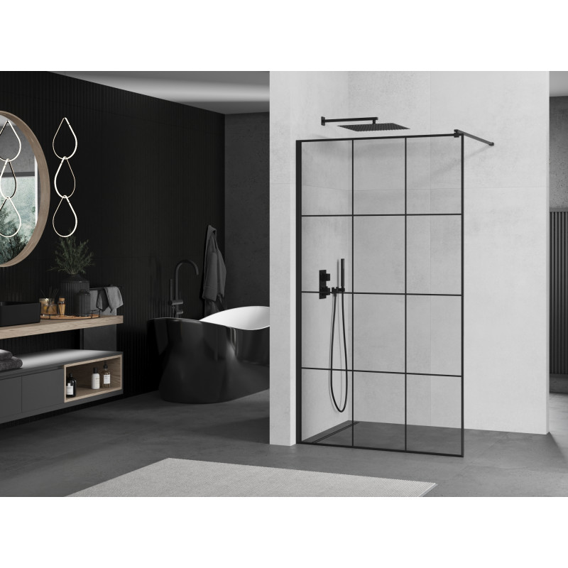 Mexen Kioto Duschwand Walk-in 110 x 200 cm, schwarzes Gitter 8 mm, schwarz - 800-110-101-70-77