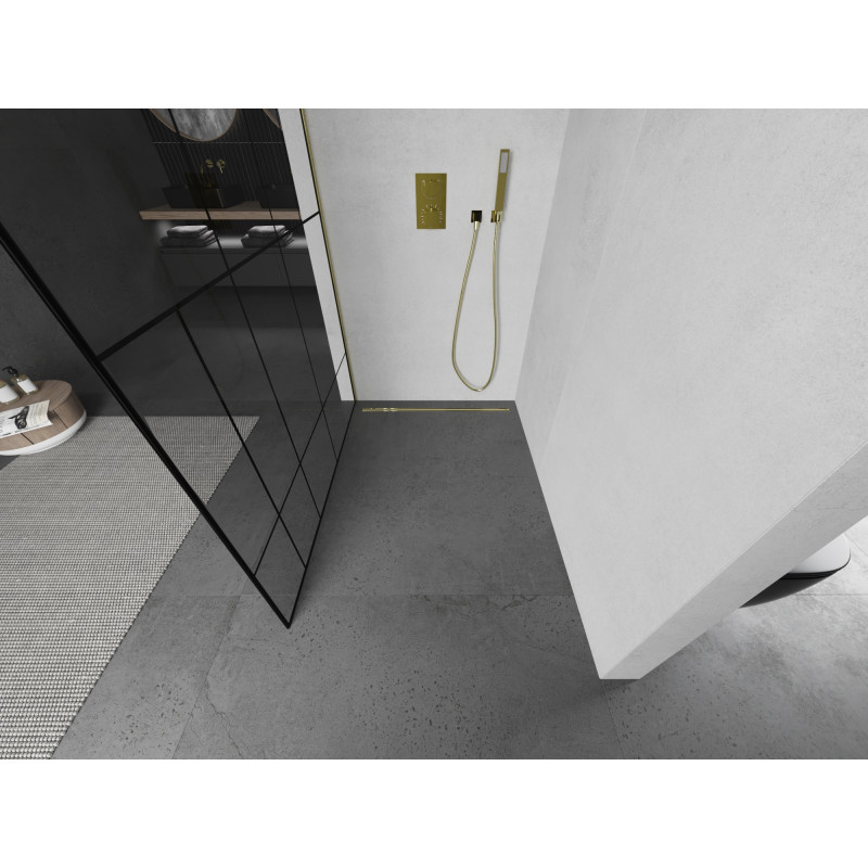Mexen Kioto Duschwand Walk-in 140 x 200 cm, schwarzes Muster 8 mm, Gold - 800-140-101-50-78
