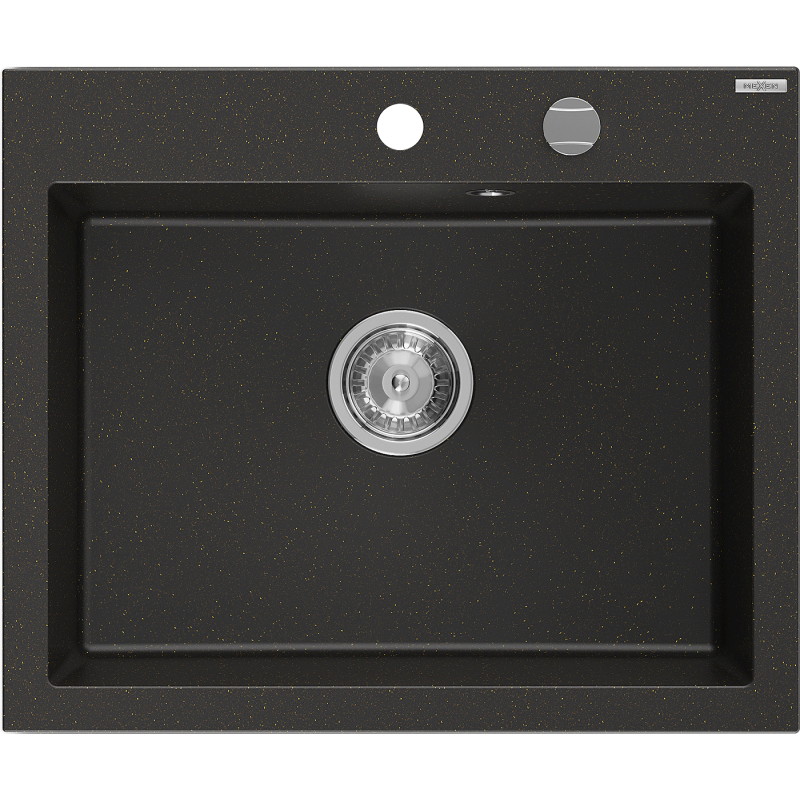 Mexen Elix Granitspüle 1-Becken 600 x 500 mm, Schwarz/Gold Metallic, Chrom Siphon - 6525601005-75