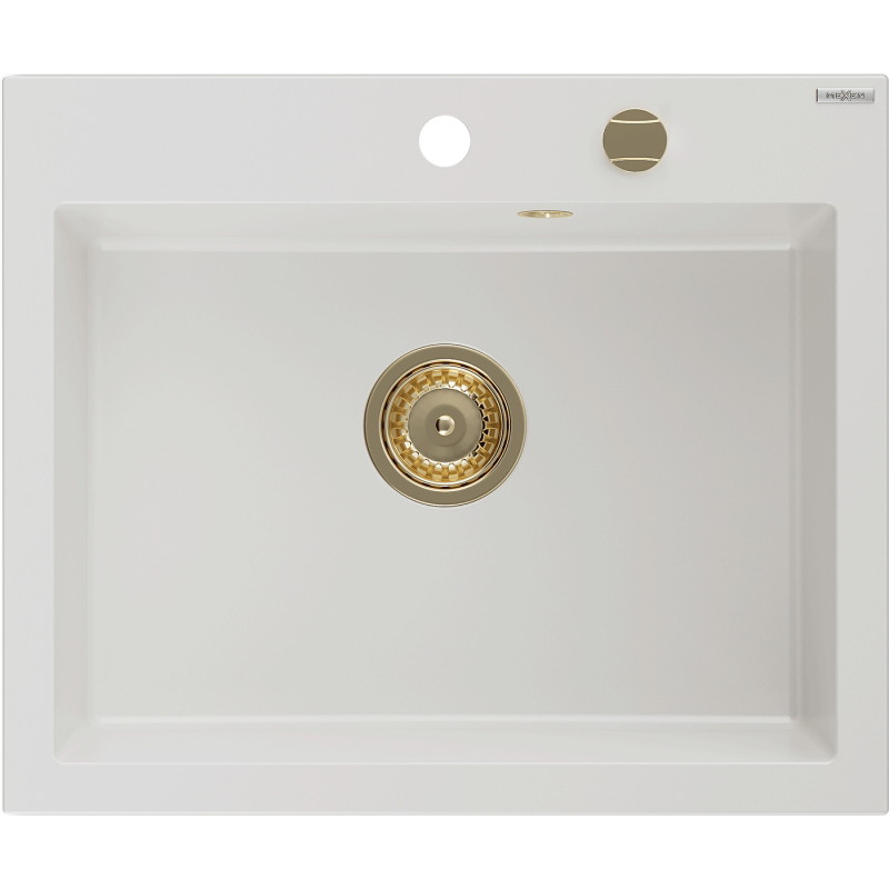 Mexen Elix Granitspüle 1-becken 600 x 500 mm, weiß, goldener Siphon - 6525601005-20-G