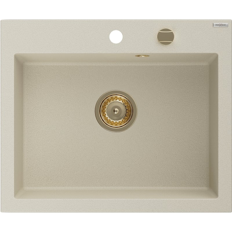 Mexen Elix Granitspüle 1-Becken 600 x 500 mm, beige, goldener Siphon - 6525601005-69-G