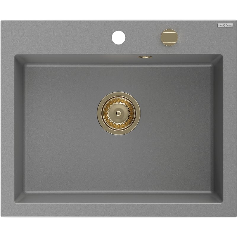 Mexen Elix Granitspüle 1-Becken 600 x 500 mm, grau, goldener Siphon - 6525601005-71-G