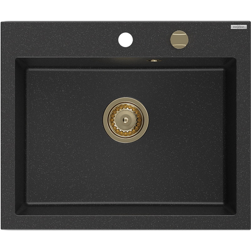 Mexen Elix Granitspüle 1-becken 600 x 500 mm, schwarz/silber metallic, Goldener Siphon - 6525601005-73-G