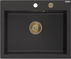 Mexen Elix Granitspüle 1-becken 600 x 500 mm, schwarz/silber metallic, Goldener Siphon - 6525601005-73-G