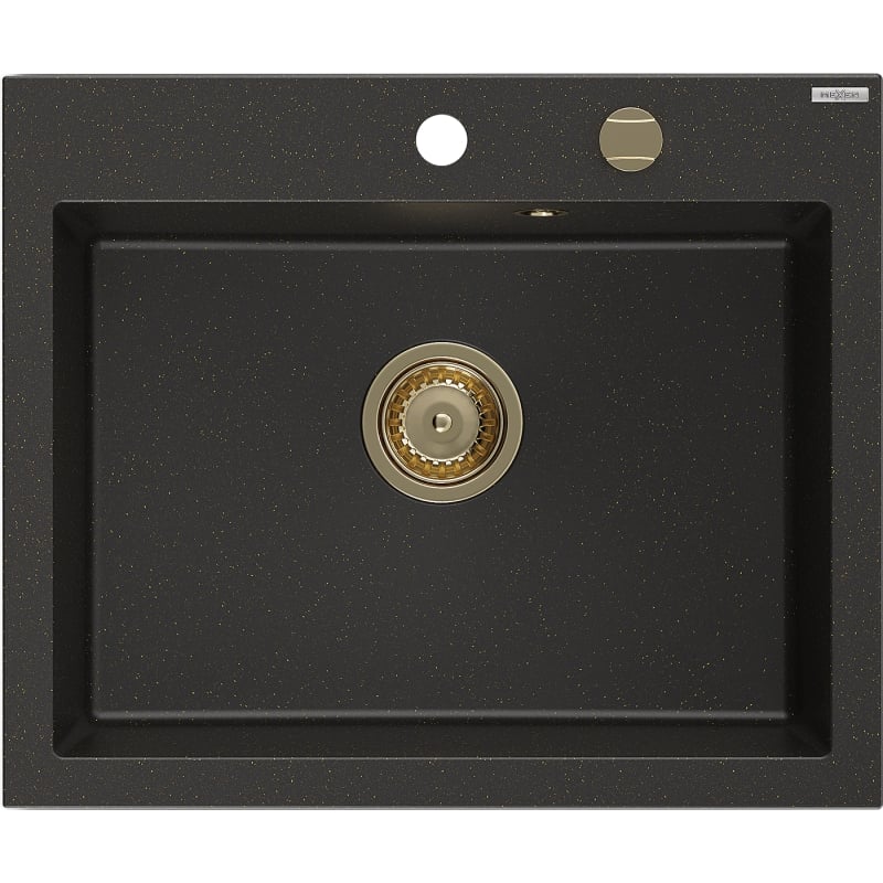 Mexen Elix Granitspüle 1-beckig 600 x 500 mm, schwarz/goldenes Metallic, goldener Siphon - 6525601005-75-G