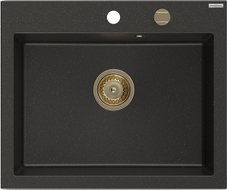 Mexen Elix Granitspüle 1-beckig 600 x 500 mm, schwarz/goldenes Metallic, goldener Siphon - 6525601005-75-G