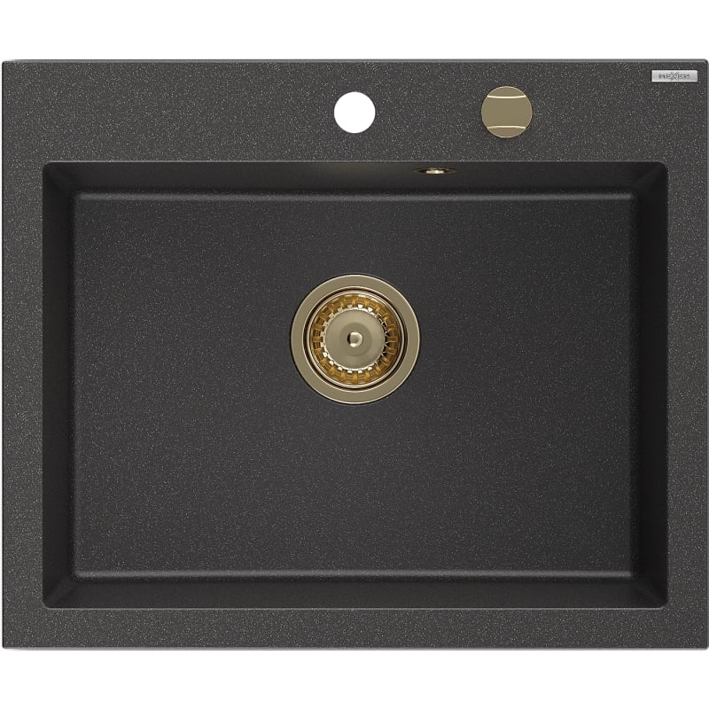 Mexen Elix Granitspüle 1-Becken 600 x 500 mm, schwarz gesprenkelt, goldener Siphon - 6525601005-76-G