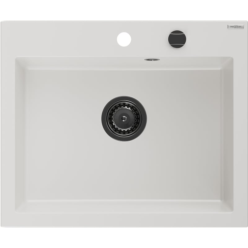 Mexen Elix Granitspüle 1-Becken 600 x 500 mm, weiß, schwarzer Siphon - 6525601005-20-B