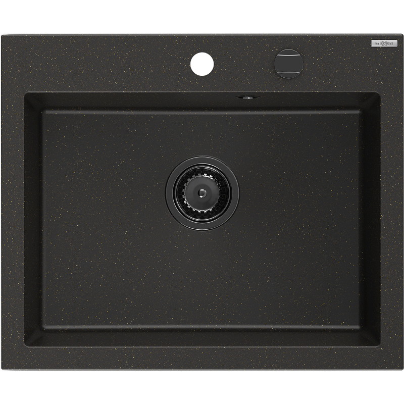 Mexen Elix Granitspüle 1-Becken 600 x 500 mm, Schwarz/Gold Metallic, Schwarzer Siphon - 6525601005-75-B