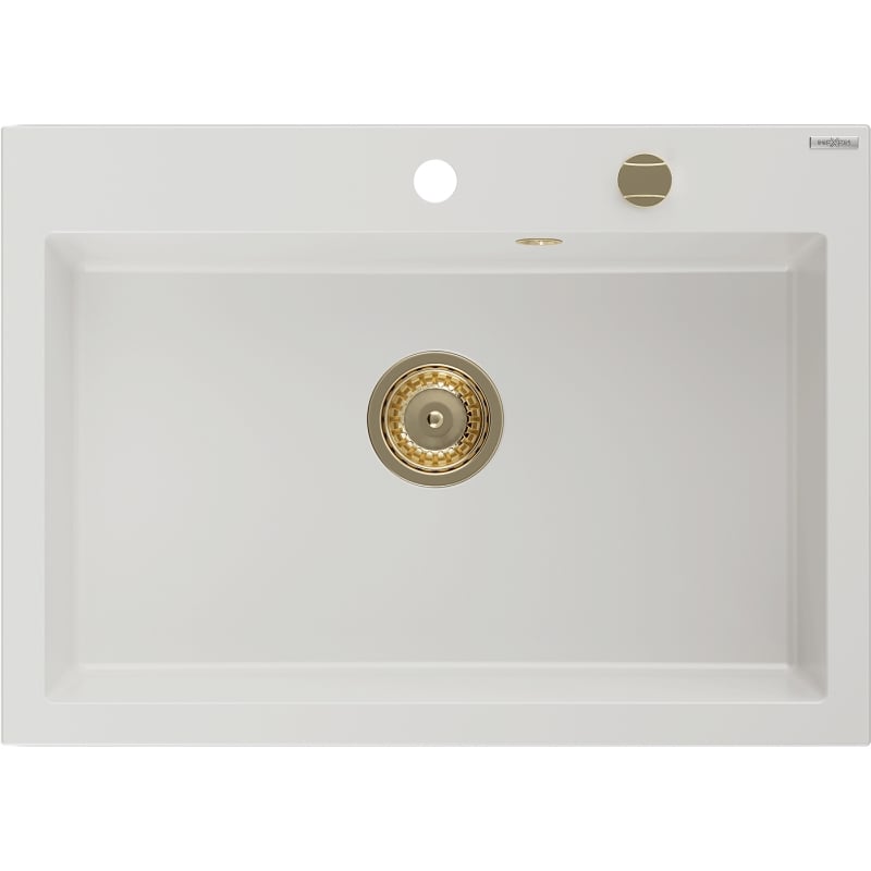 Mexen Elix Granitspüle 1-becken 700 x 500 mm, weiß, goldener Siphon - 6526701005-20-G