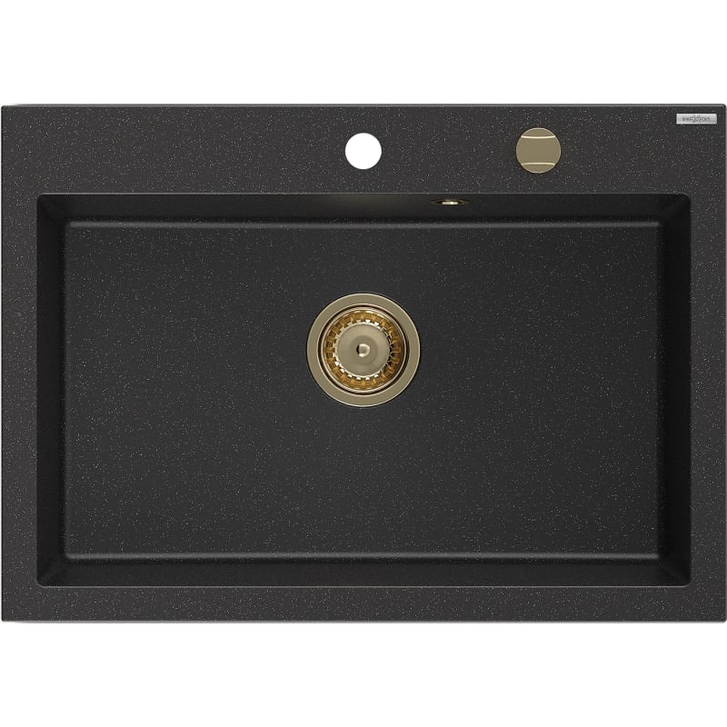 Mexen Elix Granitspüle 1-beckig 700 x 500 mm, schwarz/silber metallic, goldener Siphon - 6526701005-73-G