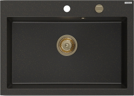 Mexen Elix Granitspüle 1-Becken 700 x 500 mm, schwarz/gold metallic, goldener Siphon - 6526701005-75-G