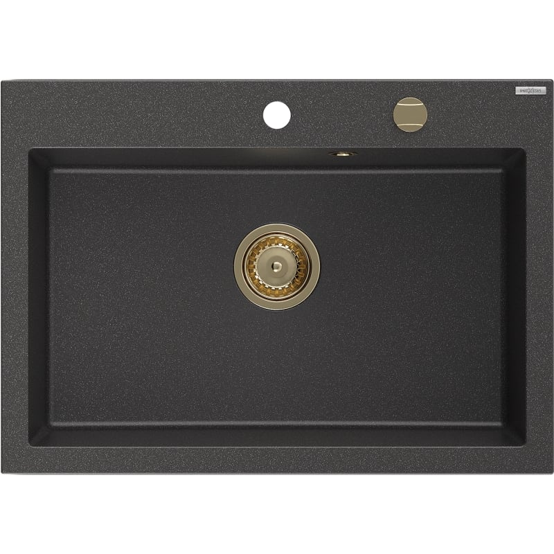 Mexen Elix Granitspüle 1-beckig 700 x 500 mm, schwarz gesprenkelt, goldener Siphon - 6526701005-76-G
