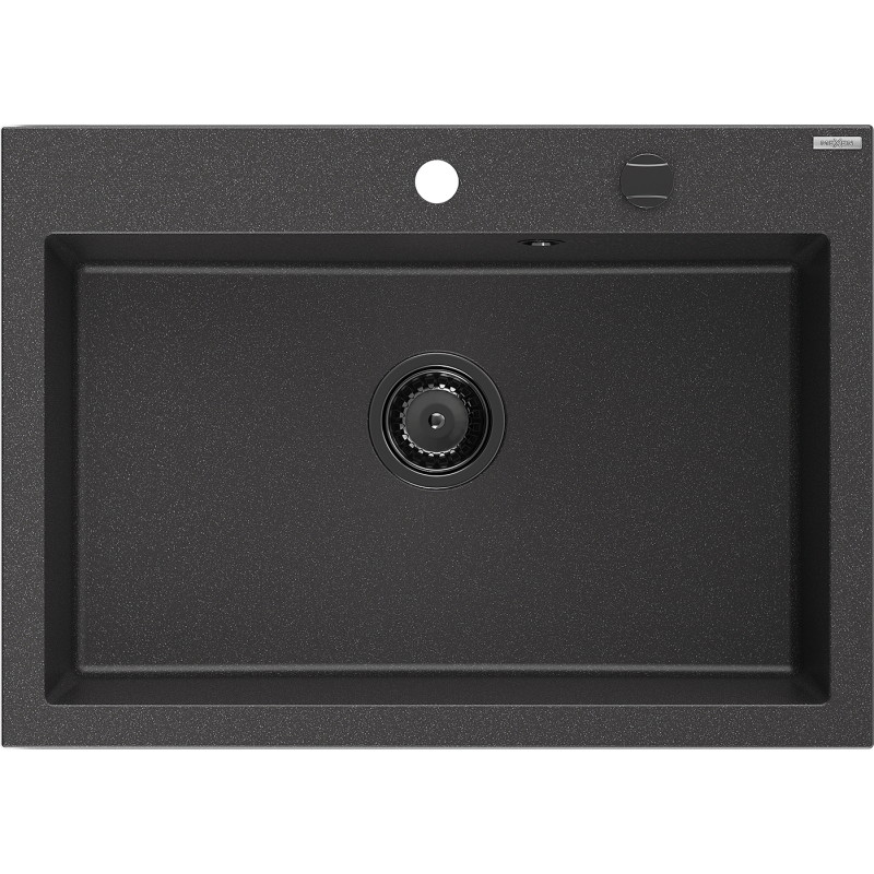 Mexen Elix Granitspüle, 1-beckig, 700 x 500 mm, schwarz gesprenkelt, schwarzer Siphon - 6526701005-76-B